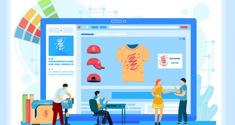 Custom t-shirt printing online services onboarding screens vector illustration. Printshop online typography press order making. Custom t-shirt printing online services onboarding screens vector illustration. Printshop online typography press order making receiving and processing. Printing company logo or photo.